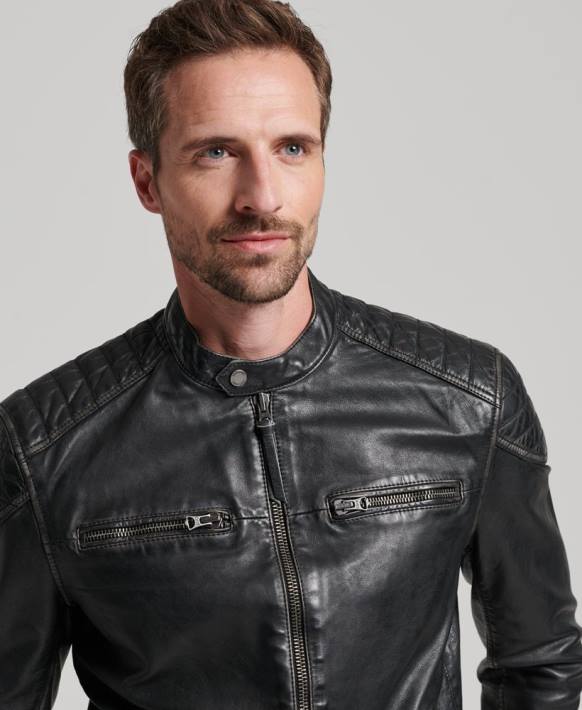 erkekler Superdry siyah miras deri moto yarışçı ceketi NNTB906