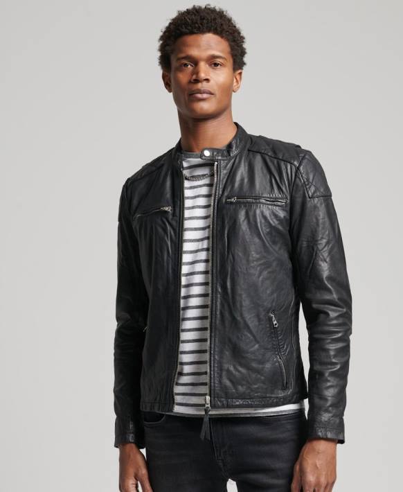 erkekler Superdry siyah moto yarışçı ceket NNTB4436