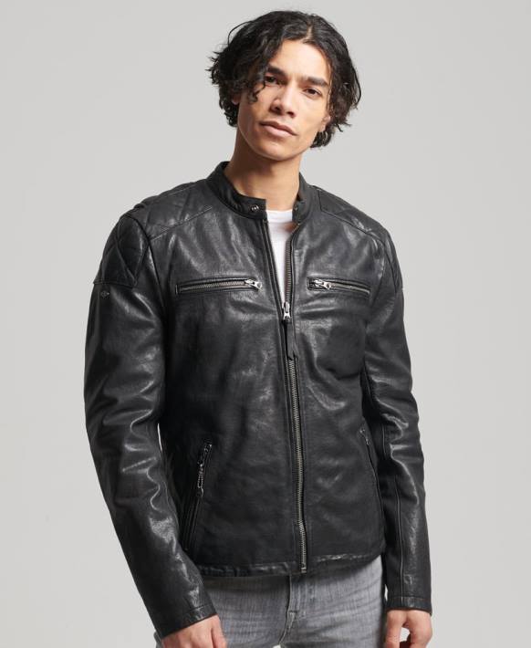 erkekler Superdry siyah moto yarışçı ceket NNTB4776