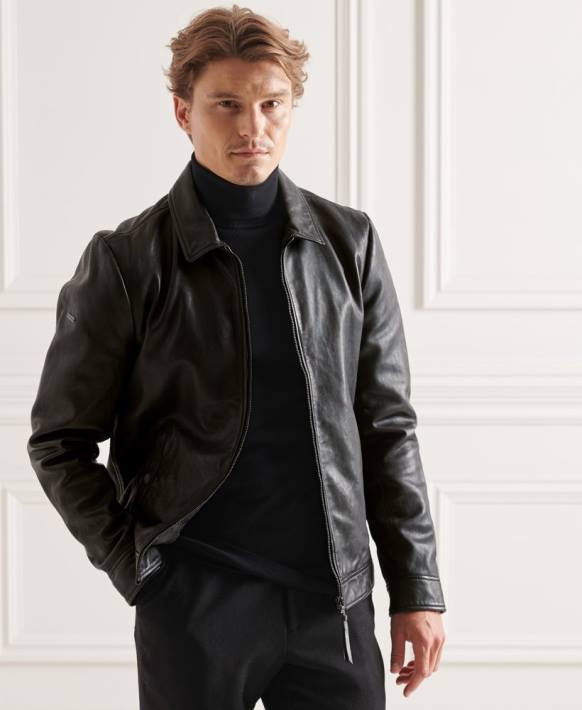 erkekler Superdry siyah stüdyo koçu deri ceket NNTB4781