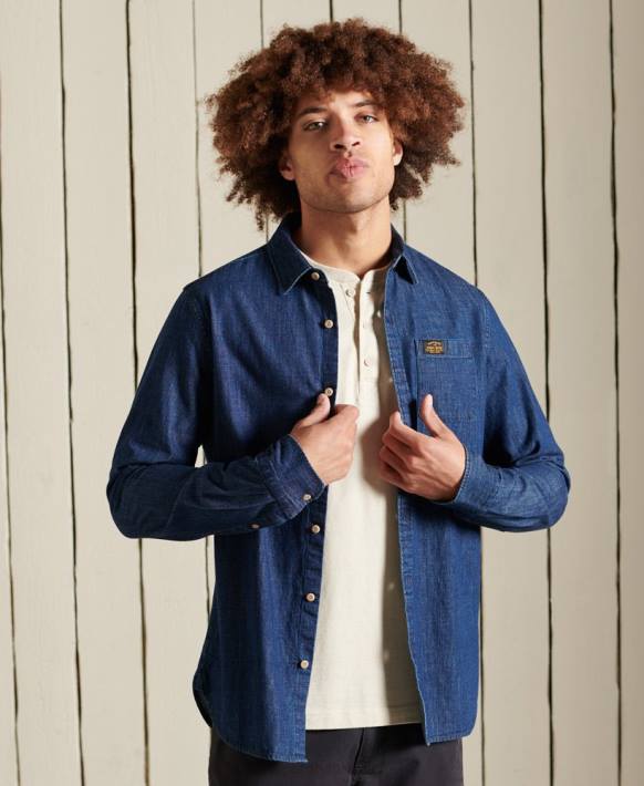 erkekler Superdry Donanma iş kıyafeti indigo gömlek NNTB238