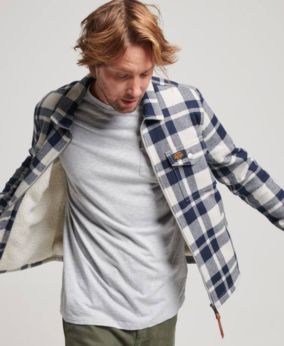 erkekler Superdry açık mavi boydan boya fermuarlı borg astarlı yün kareli ince ceket NNTB236