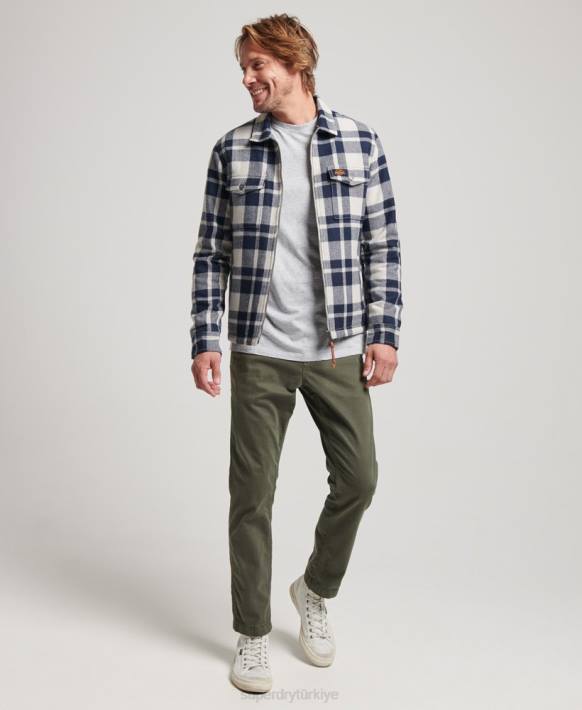 erkekler Superdry açık mavi boydan boya fermuarlı borg astarlı yün kareli ince ceket NNTB236