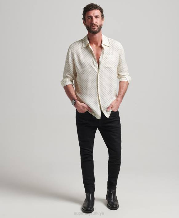 erkekler Superdry beyaz 70'ler desenli uzun kollu gömlek NNTB145