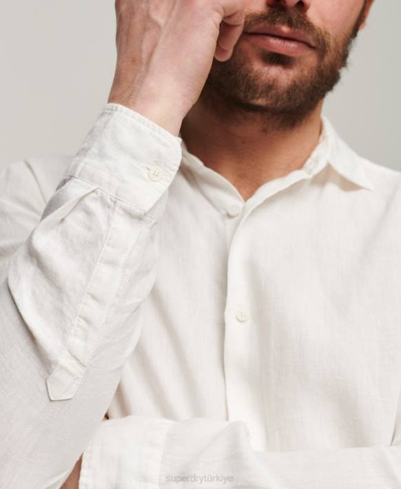 erkekler Superdry beyaz rahat keten uzun kollu gömlek NNTB144