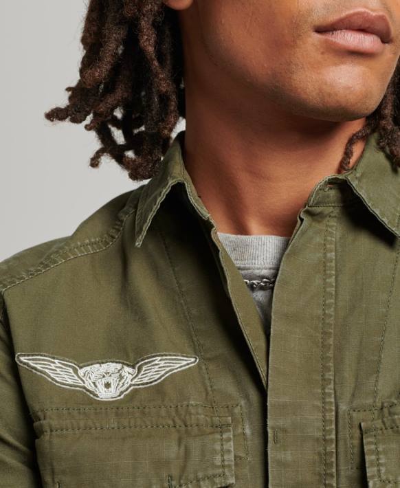 erkekler Superdry haki yamalı askeri gömlek NNTB154