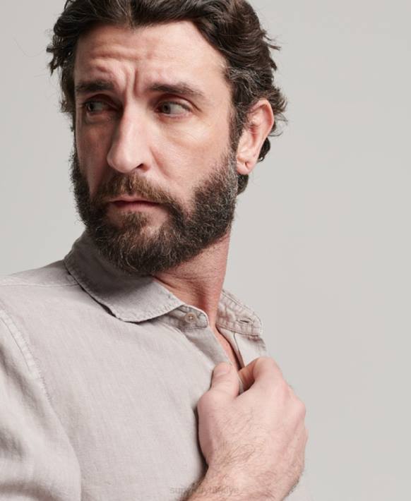 erkekler Superdry koyu gri rahat keten uzun kollu gömlek NNTB134