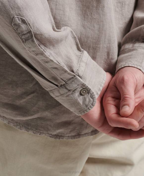 erkekler Superdry koyu gri rahat keten uzun kollu gömlek NNTB134