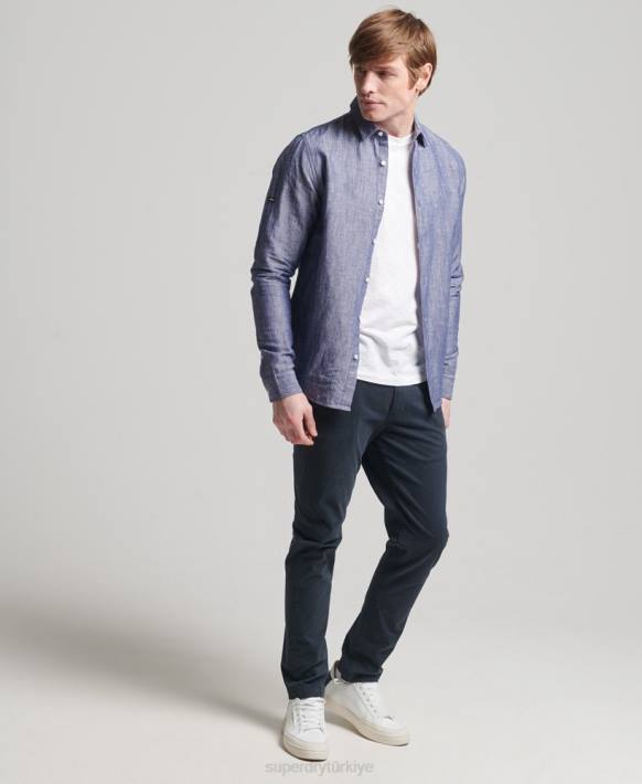 erkekler Superdry koyu mavi organik pamuk ve keten uzun kollu gömlek NNTB6398