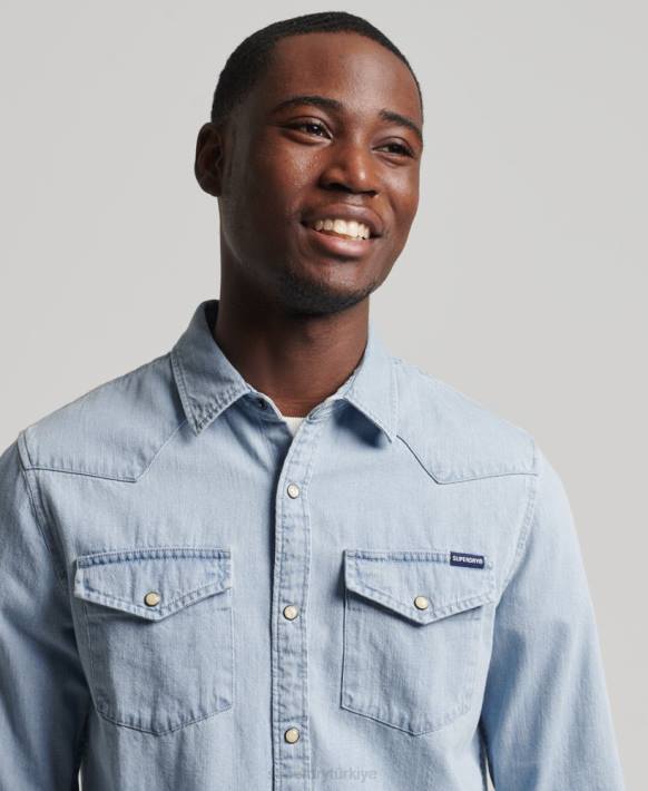erkekler Superdry mavi eski batı gömlek NNTB218