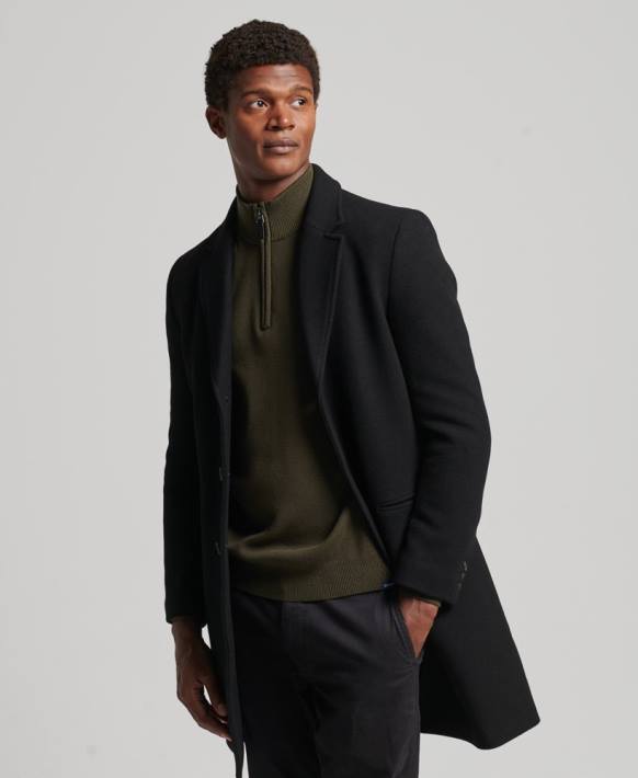 erkekler Superdry siyah çıkarılabilir astarlı yün şehir kabanı NNTB1117