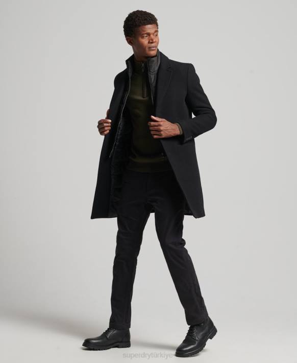 erkekler Superdry siyah çıkarılabilir astarlı yün şehir kabanı NNTB1117