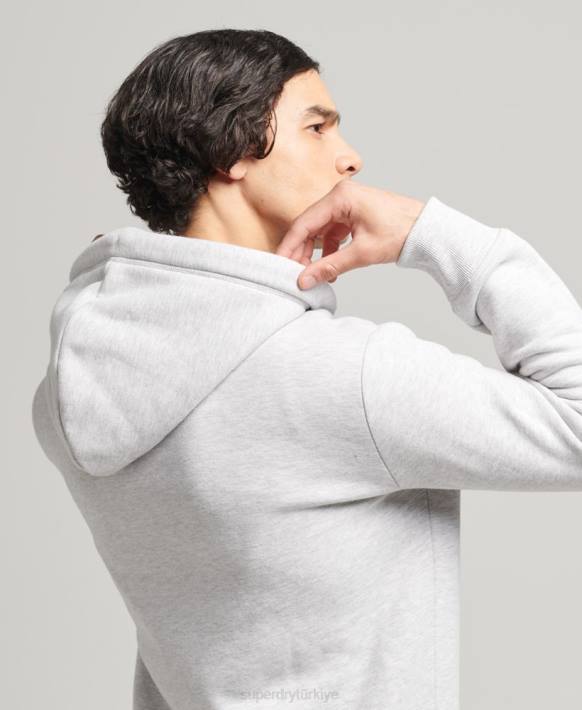 erkekler Superdry açık gri organik pamuklu eski logo işlemeli fermuarlı kapüşonlu svetşört NNTB641
