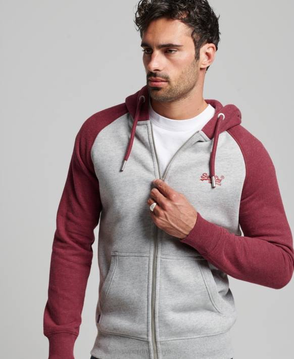 erkekler Superdry açık gri vintage logo işlemeli beyzbol fermuarlı kapüşonlu svetşört NNTB557