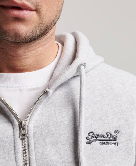 erkekler Superdry açık gri vintage logo işlemeli fermuarlı kapüşonlu svetşört NNTB463
