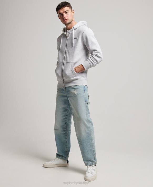 erkekler Superdry açık gri vintage logo işlemeli fermuarlı kapüşonlu svetşört NNTB463