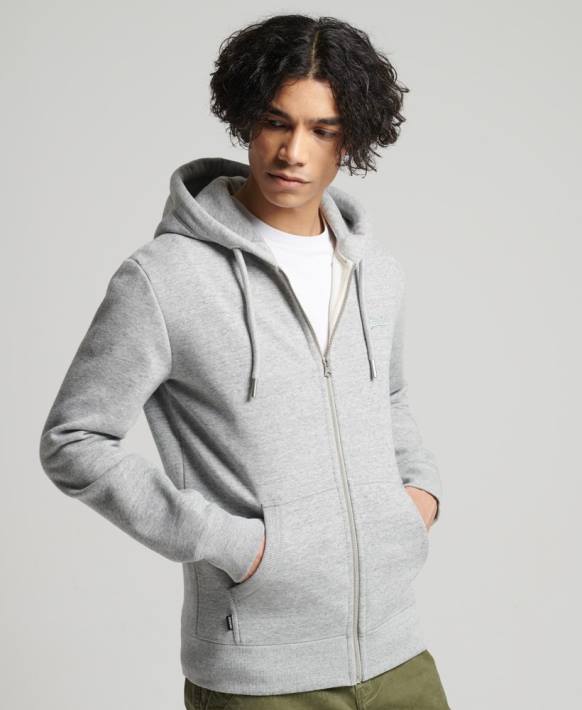 erkekler Superdry gri organik pamuklu eski logo işlemeli fermuarlı kapüşonlu svetşört NNTB640