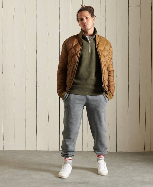 erkekler Superdry haki eski logo işlemeli fermuarlı henley sweatshirt NNTB5033