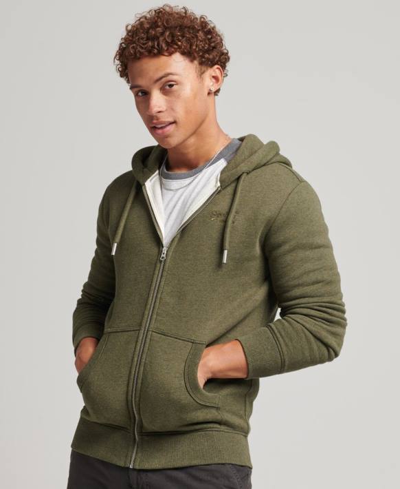 erkekler Superdry haki organik pamuklu eski logo işlemeli fermuarlı kapüşonlu svetşört NNTB559