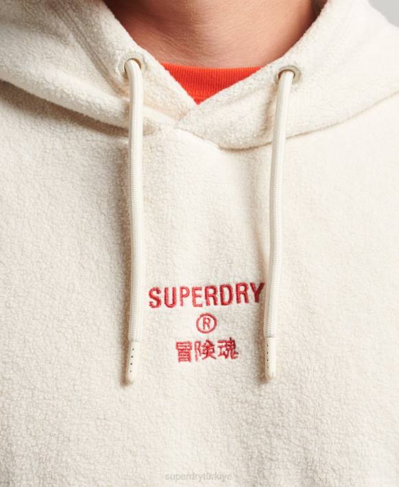 erkekler Superdry krem grafik logolu dökümlü polar kapşonlu NNTB5221