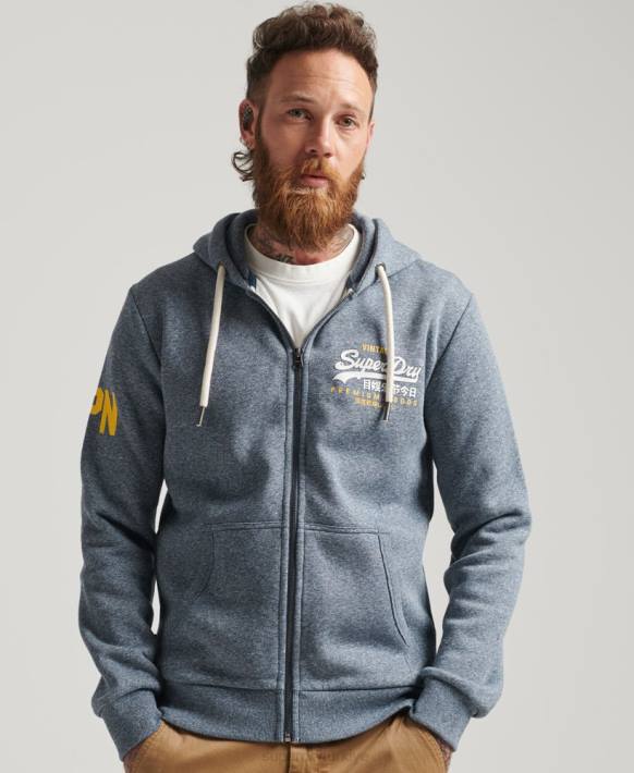 erkekler Superdry mavi klasik grafik logolu fermuarlı kapşonlu NNTB5120