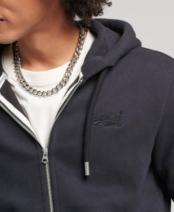 erkekler Superdry siyah organik pamuklu eski logo işlemeli fermuarlı kapüşonlu svetşört NNTB612