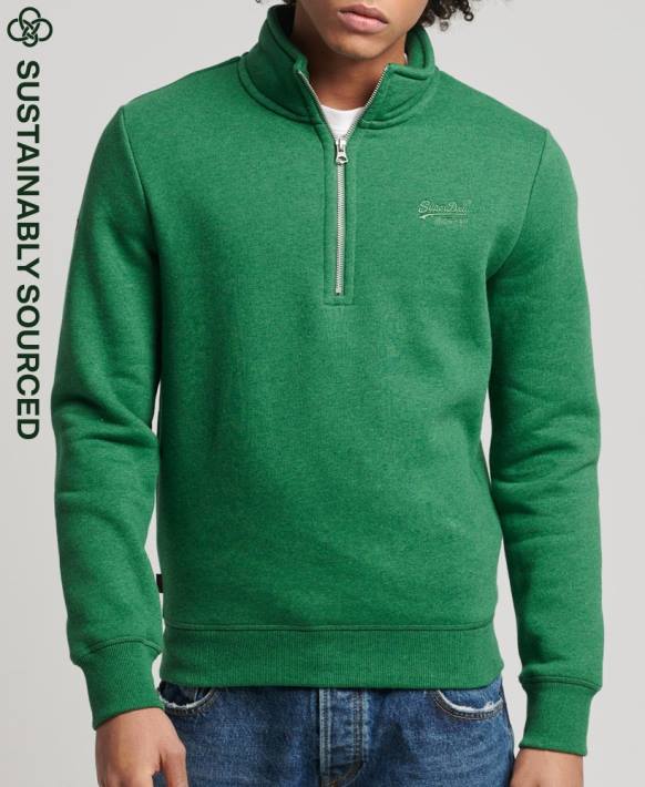 erkekler Superdry yeşil organik pamuklu eski logo fermuarlı henley sweatshirt NNTB5133