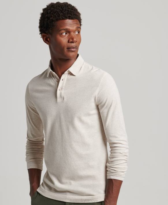 erkekler Superdry bej uzun kollu pamuklu jarse polo gömlek NNTB6460