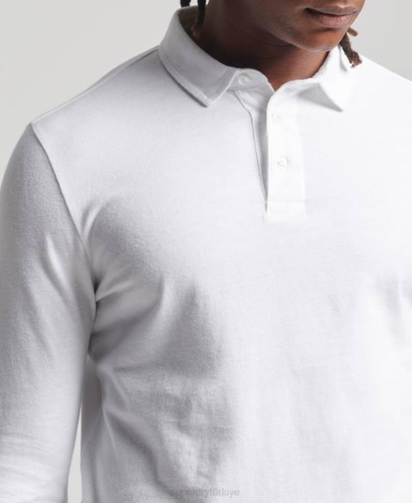 erkekler Superdry beyaz studios organik pamuklu uzun kollu polo tişört NNTB6461