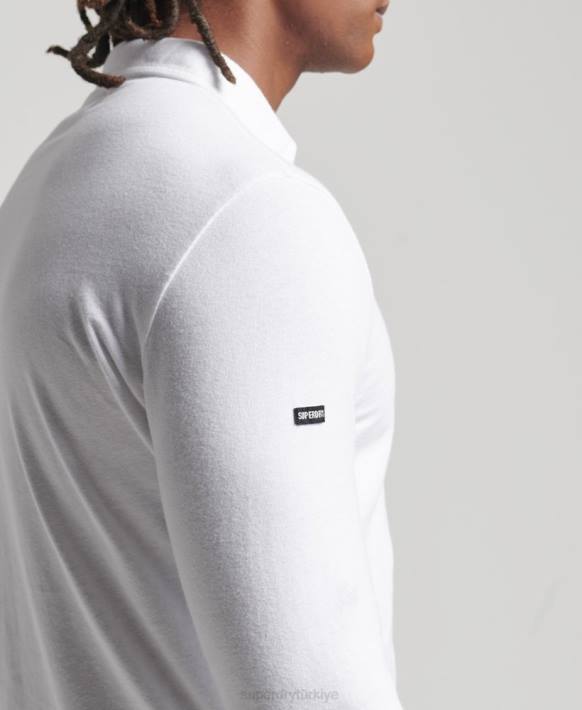 erkekler Superdry beyaz studios organik pamuklu uzun kollu polo tişört NNTB6461
