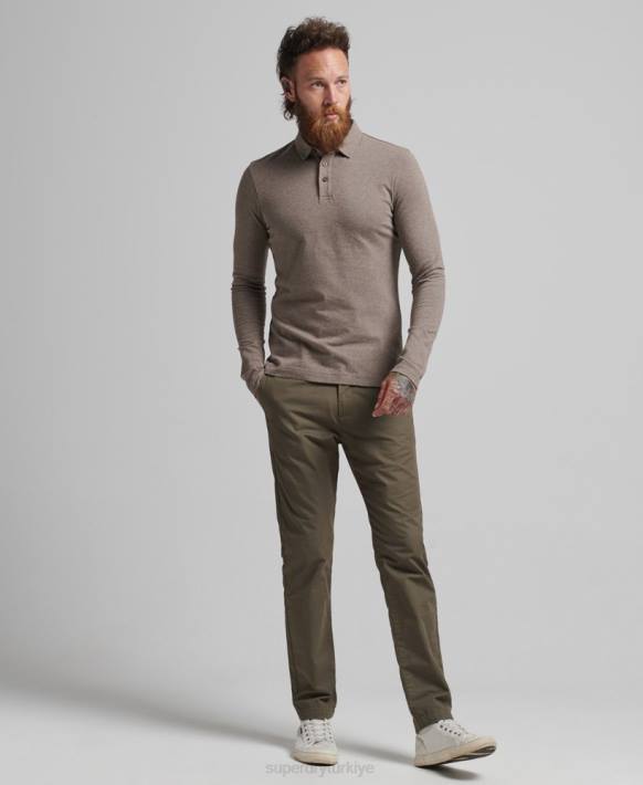 erkekler Superdry kahverengi uzun kollu pamuklu jarse polo gömlek NNTB6451