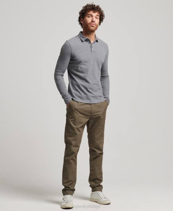 erkekler Superdry koyu gri uzun kollu pamuklu jarse polo gömlek NNTB6394