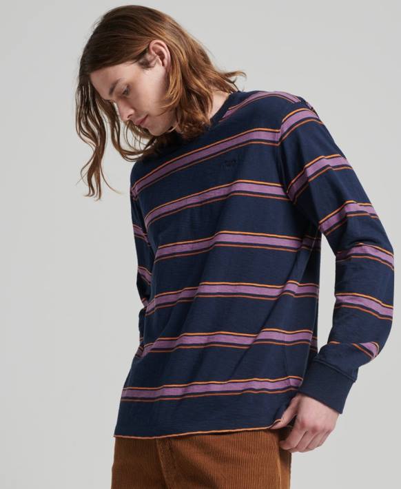 erkekler Superdry Donanma organik pamuklu vintage dokulu çizgili üst NNTB1471