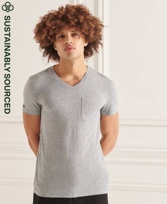 erkekler Superdry açık gri organik pamuklu v yaka düğümlü cepli t-shirt NNTB4849