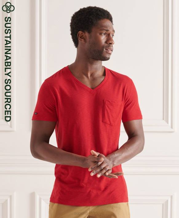 erkekler Superdry kırmızı organik pamuklu v yaka düğümlü cepli t-shirt NNTB4834