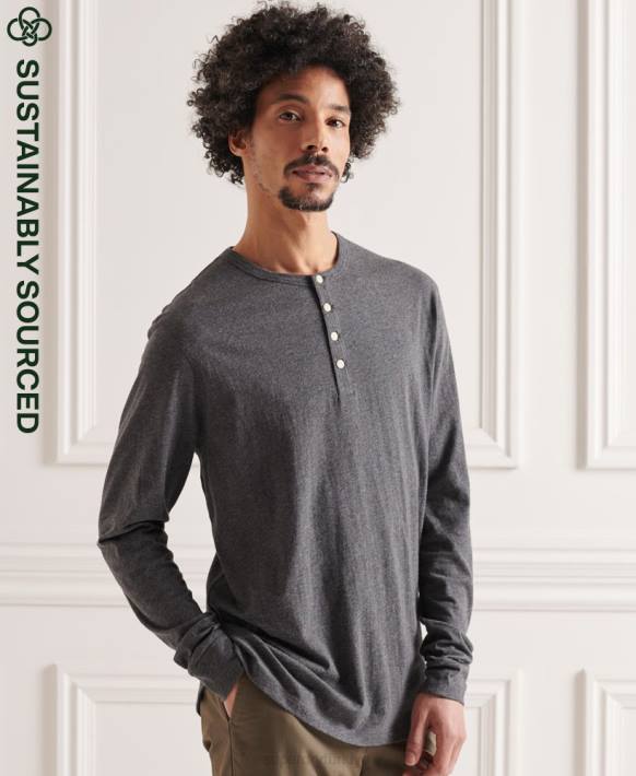 erkekler Superdry koyu gri organik pamuklu hafif temel henley top NNTB6421