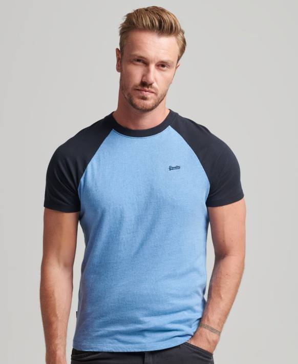 erkekler Superdry mavi organik pamuklu temel logolu beyzbol tişörtü NNTB4907