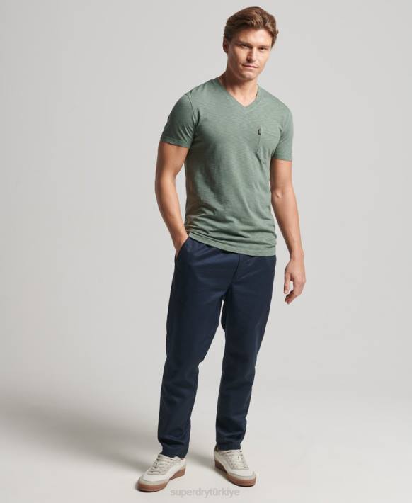 erkekler Superdry yeşil organik pamuklu v yaka düğümlü cepli t-shirt NNTB4857