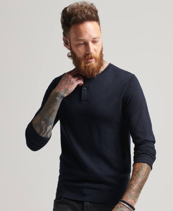 erkekler Superdry Donanma merinos bisiklet yaka henley örgü top NNTB1522