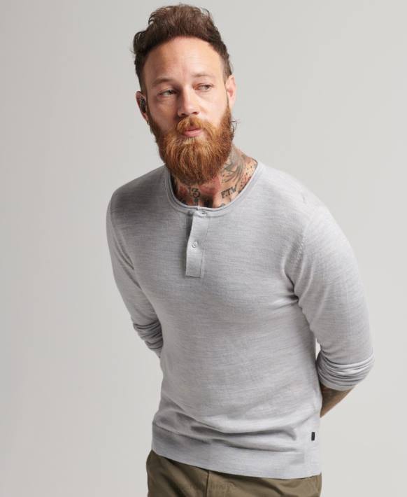 erkekler Superdry açık gri merinos bisiklet yaka henley örgü top NNTB1521