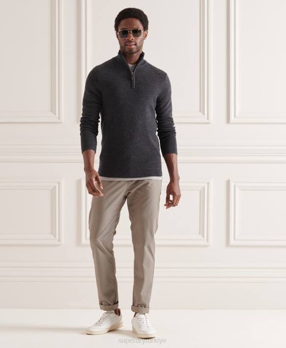 erkekler Superdry koyu gri merinos henley süveter NNTB1339