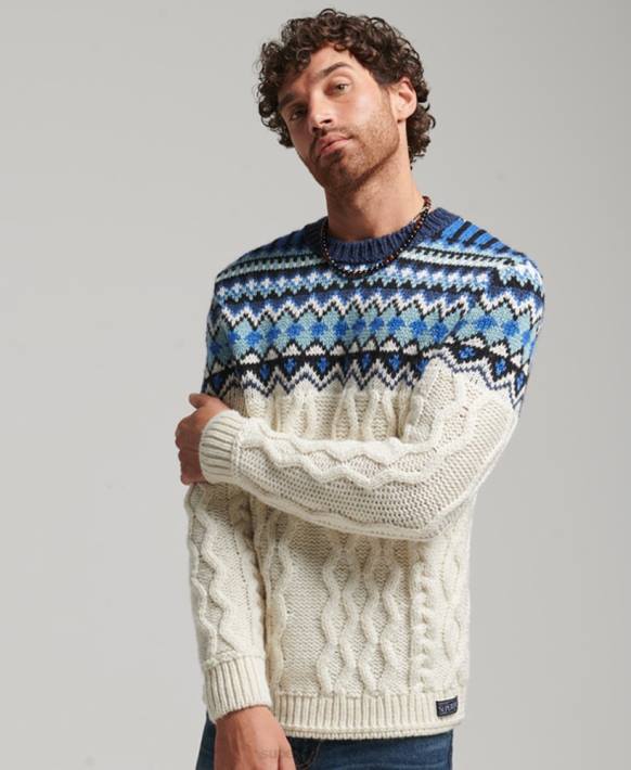 erkekler Superdry krem fairisle ekip örgü süveter NNTB5244