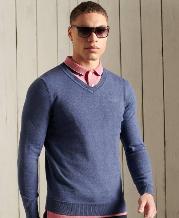 erkekler Superdry mavi turuncu etiketli v yaka kazak NNTB5328