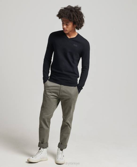 erkekler Superdry siyah turuncu etiketli v yaka kazak NNTB1353