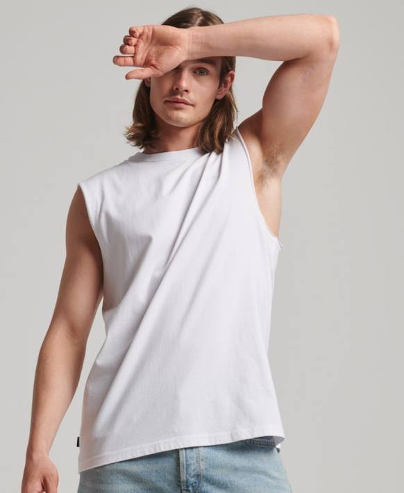 erkekler Superdry beyaz organik pamuklu eski logo işlemeli kolsuz bluz NNTB1455