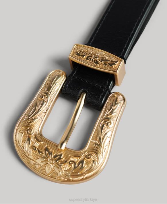 kadınlar Superdry siyah batı deri kemer NNTB4216