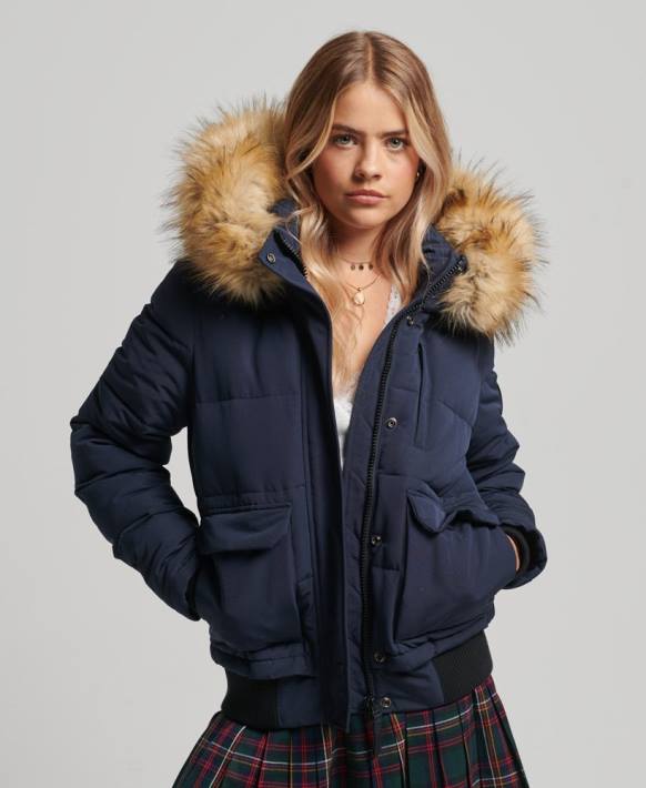 kadınlar Superdry Donanma everest kapüşonlu şişme bomber ceket NNTB3752