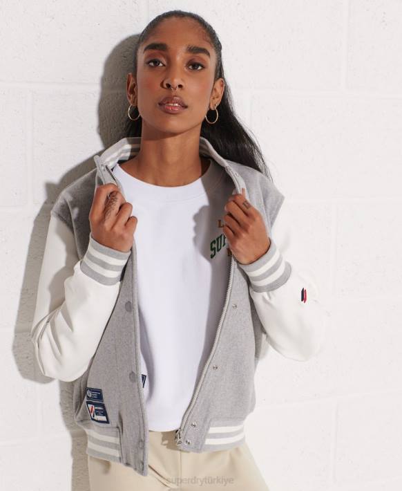 kadınlar Superdry açık gri yün kolej beyzbol ceketi NNTB5585