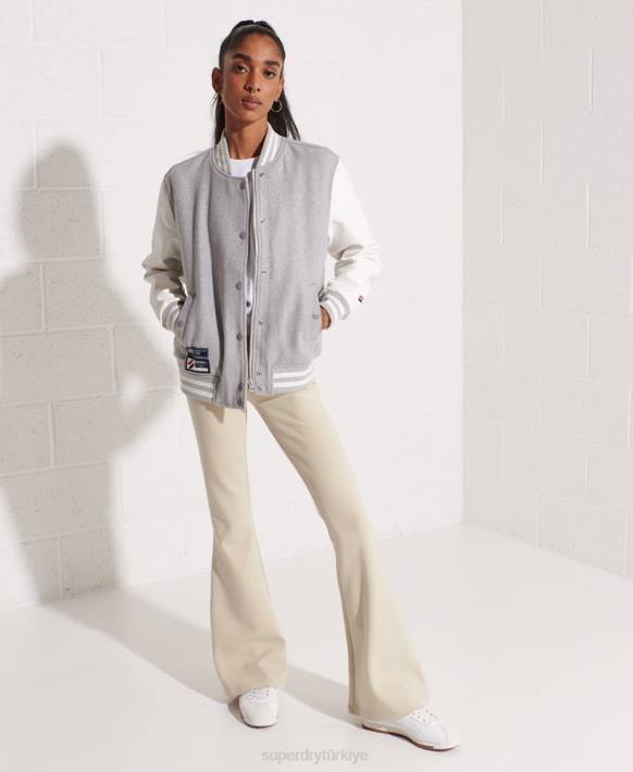 kadınlar Superdry açık gri yün kolej beyzbol ceketi NNTB5585