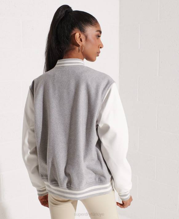 kadınlar Superdry açık gri yün kolej beyzbol ceketi NNTB5585